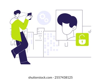 Facial recognition abstract concept vector illustration. Man unlocks the phone using his face, modern IT technology, data transfer process, big data, machine learning abstract metaphor.