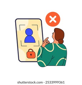 Gesichtserkennung in Anwendung, flache Cartoon-Vektorgrafik. Cybersicherheit und digitale Sicherheit für persönliche und private Informationen. Gesichts-ID des Mobiltelefons, Scanner und Verifizierung