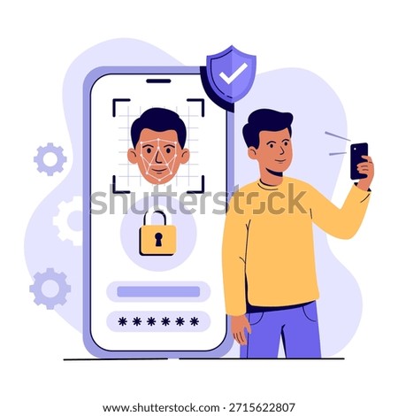 Facial recognition biometric scan for authentication protection security concept. Person holding phone for scanning flat illustration.