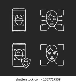 Facial recognition chalk icons set. Biometric identification. Face lock and banking facial recognition smartphone apps, reader, scanning software. Isolated vector chalkboard illustrations