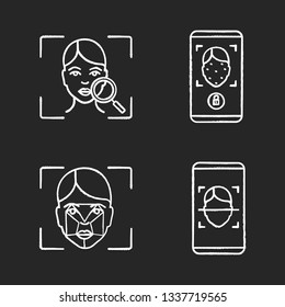 Facial recognition chalk icons set. Biometric identification. Faceprint analysis and scanning, face lock smartphone apps. Isolated vector chalkboard illustrations