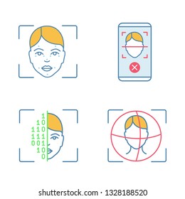 Facial recognition color icons set. Biometric identification. Faceprint analysis, face scan smartphone app rejection, binary code, 3d ID scnner. Isolated vector illustrations