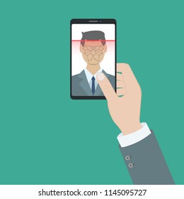 Facial recognition concept. Face ID, face recognition system. Hand holding smartphone with human head and scanning app on screen. Modern application. Flat design graphic elements. Vector illustration