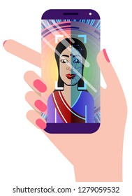 Facial recognition concept. Face ID, face recognition system. Hand holding smartphone with indian woman and scanning app on screen. Modern application. Flat design graphic elements. Vector illustratio