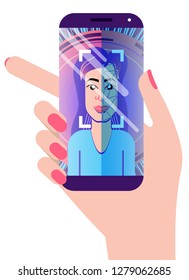 Facial recognition concept. Face ID, face recognition system. Hand holding smartphone with european woman and scanning app on screen. Modern application. Flat design graphic elements. Vector