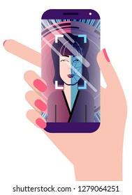 Facial recognition concept. Face ID, face recognition system. Hand holding smartphone with asian woman and scanning app on screen. Modern application. Flat design graphic elements. Vector illustratio