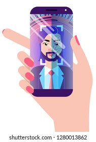 Facial recognition concept. Face ID, face recognition system. Hand holding smartphone with european man and scanning app on screen. Modern application. Flat design graphic elements. Vector illustratio