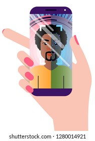 Facial recognition concept. Face ID, face recognition system. Hand holding smartphone with african man and scanning app on screen. Modern application. Flat design graphic elements. Vector illustration