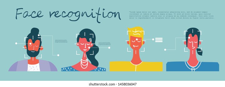Facial recognition concept. Face ID, face recognition system with intellectual learning system. Flat design graphic elements. 