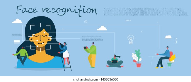 Facial recognition concept. Face ID, face recognition system with intellectual learning system. Flat design graphic elements. 