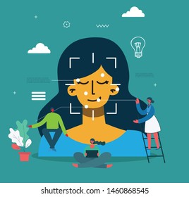 Facial recognition concept. Face ID, face recognition system with intellectual learning system. Flat design graphic elements.