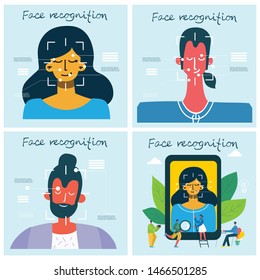 Facial recognition concept. Face ID, face recognition system with intellectual learning system. Flat design graphic elements.