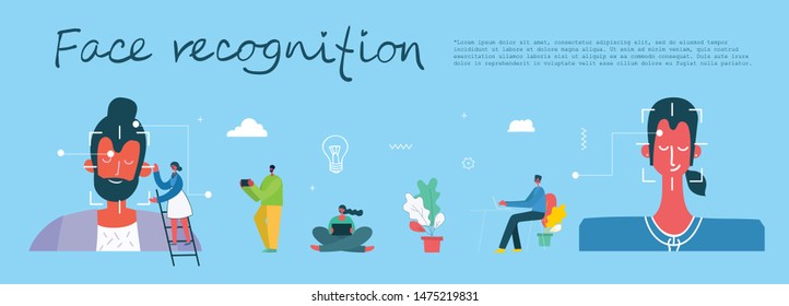Facial recognition concept. Face ID, face recognition system with intellectual learning system. Flat design graphic elements.