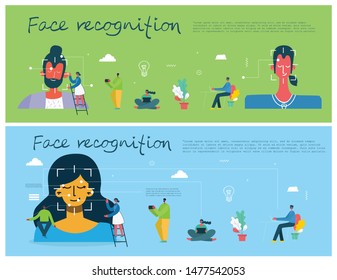 Facial recognition concept. Face ID, face recognition system with intellectual learning system. Flat design graphic elements.
