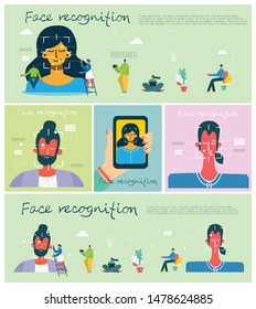 Facial recognition concept. Face ID, face recognition system with intellectual learning system. Flat design graphic elements.