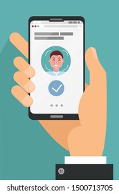 Facial recognition concept. Face ID, face recognition system. Hand holding smartphone with human head and scanning app on screen. Modern application. Flat design graphic elements. Vector illustration