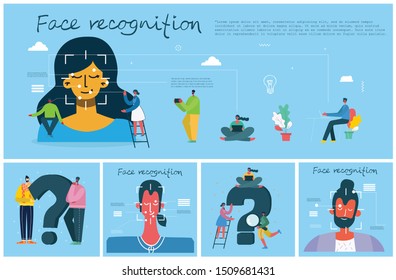 Facial recognition concept. Face ID, face recognition system with intellectual learning system. Flat design graphic elements.