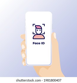 Concepto de reconocimiento facial. ID de la cara, sistema de reconocimiento de la cara. Mano sosteniendo un smartphone con cabeza humana y aplicación de escaneo en pantalla. Aplicación moderna.