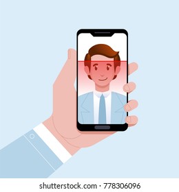Facial recognition concept. Face ID, face recognition system. Hand holding smartphone with human head and scanning app on screen. Modern application. Flat design graphic elements. Vector illustration