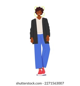 Facial Recognition Concept. Female Character with Scanning Frame on Face. Id Verification and Biometric Data Security, Digital Technologies for Mobile Phone. Cartoon People Vector Illustration
