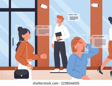 Concepto de reconocimiento facial. Tecnologías e innovaciones modernas, automatización y verificación. Formas de control y seguimiento, seguridad y protección. Afiche o pancarta. Dibujo vectorial plano de dibujos animados