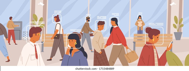 Facial recognition concept. Verification of human face in the crowd horizontal banner. Electronic identification system. Control and security technology. Vector illustration in flat cartoon style