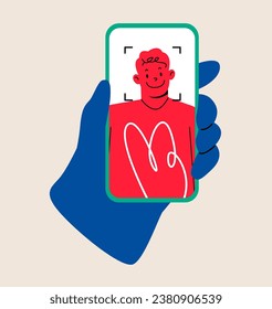 Facial recognition. Face ID. Human hand holding smartphone. Colorful vector illustration