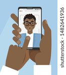 Facial recognition. Face ID, face recognition system. Hand holding smartphone with male human head and laser scanning app on screen. Flat design graphic application elements. Vector illustration.