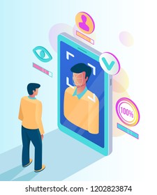 Facial recognition face ID system. Man character scanning app face on screen. Vector flat cartoon graphic design isolated illustration