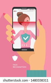 Facial recognition. Face ID, face recognition system. Female Hand holding smartphone with woman head and scanning app on screen. Modern application for social media, presentation. Vector illustration.