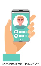 Facial recognition face ID system. Man character scanning app face on screen. Male Hand holding smartphone with scale scanning app on screen. Vector falt cartoon illustration for social media.