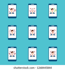 Facial recognition. Face, Facial recognition system icon set. Biometric identification. Smartphone and computer scans a person face symbol.