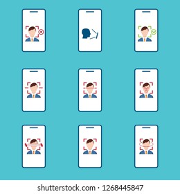 Facial recognition. Face, Facial recognition system icon set. Biometric identification. Smartphone and computer scans a person face symbol.