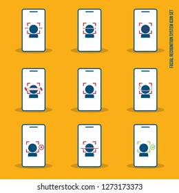 Facial recognition. Face, Facial recognition system icon set. Biometric identification. Smartphone and computer scans a person face symbol.