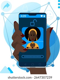 Facial recognition - Face unlock on smartphone with African woman