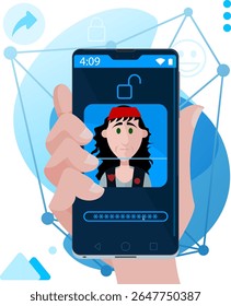 Facial recognition - Face unlock on smartphone with an young stylish man