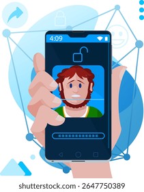 Facial recognition - Face unlock on smartphone with an Irish man