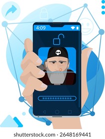 Facial recognition - Face unlock on smartphone with an senior biker man