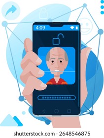 Facial recognition - Face unlock on smartphone with an elderly man