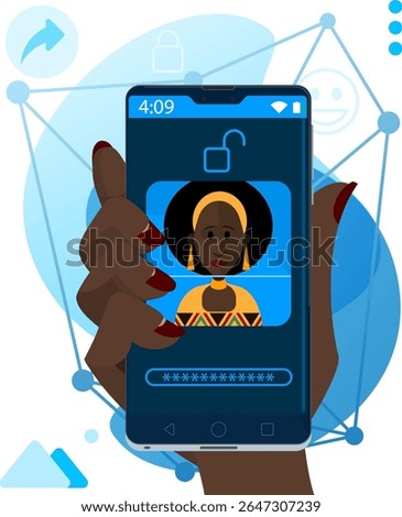 Facial recognition - Face unlock on smartphone with African woman