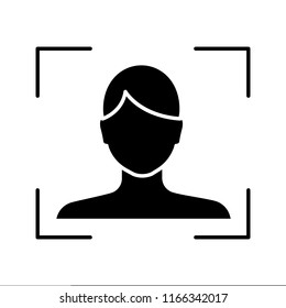 Facial recognition glyph icon. Face scan. Silhouette symbol. Biometric identification. Face ID. Negative space. Vector isolated illustration