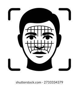 Facial recognition graphic featuring a face within a square frame with grid overlay