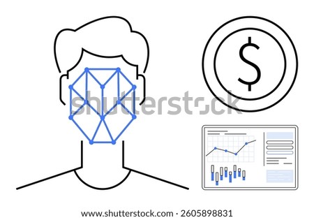Facial recognition grid on a human face, financial analytics represented by a dollar sign, and a data visualization chart. Ideal for technology, finance, biometrics, AI, cybersecurity, data analysis