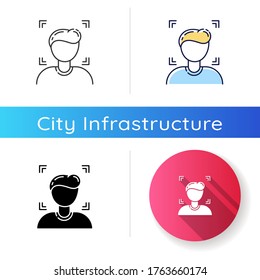 Facial recognition icon. Security identification to protect privacy. Biometric unlocking. Human face recognition. Privacy control. Linear black and RGB color styles. Isolated vector illustrations