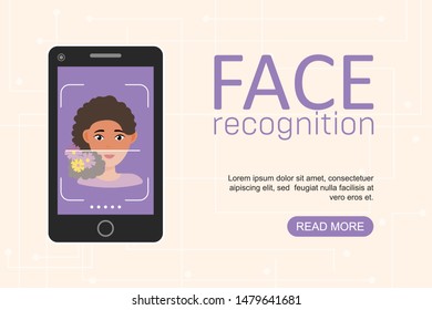 Facial recognition and identification concept. Face ID, face recognition system. Smartphone with scanning app on screen. Modern application. Flat web design graphic elements. Vector illustration