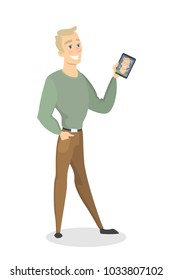Facial recognition illustration. Man standing with smartphone.