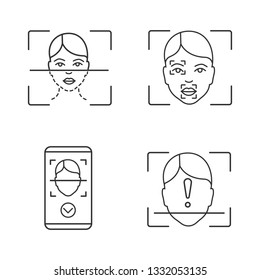 Facial recognition linear icons set. Thin line contour symbols. Face scanning process, markers and points, smartphone app, ID scan unidentified. Isolated vector outline illustrations. Editable stroke