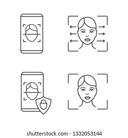 Facial recognition linear icons set. Thin line contour symbols. Face lock, banking facial recognition smartphone apps, reader, scanning software. Isolated vector outline illustrations. Editable stroke