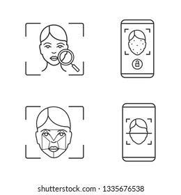 Facial recognition linear icons set. Thin line contour symbols. Biometric identification. Faceprint analysis, scanning, face lock smartphone apps. Isolated vector outline illustration. Editable stroke