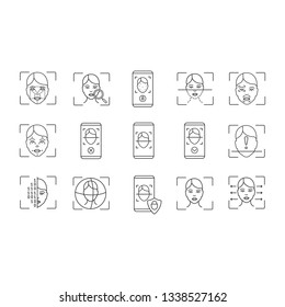 Facial recognition linear icons set. Thin line contour symbols. Face ID scan software. Biometric identification. Isolated vector outline illustrations. Editable stroke
